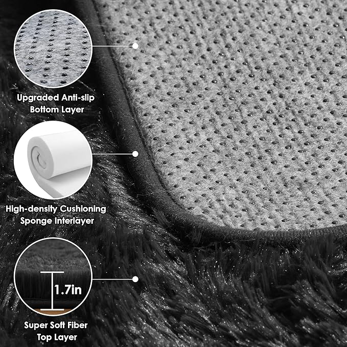 ONASAR Black Area Rugs 9x12 Living Room, Large Fluffy Shag Bedroom Rug, Washable Soft Plush Thick Shaggy Big Floor Carpet for Kids Boy and Girls Teen Dorm Nursery Indoor Home Decor Aesthetic