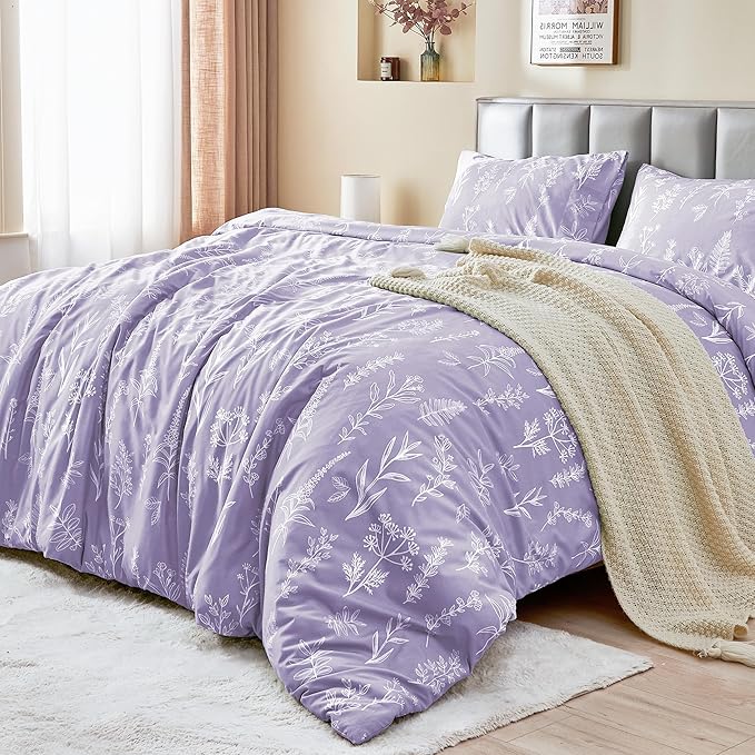 MUXHOMO Duvet Cover Full Size, Reversible Floral Lavender Duvet Cover Set with Zipper Closure, 3 Pieces Botanical Patterns Soft Microfiber Bedding Set with 4 Ties (80"x90", 2 Pillow Cases)