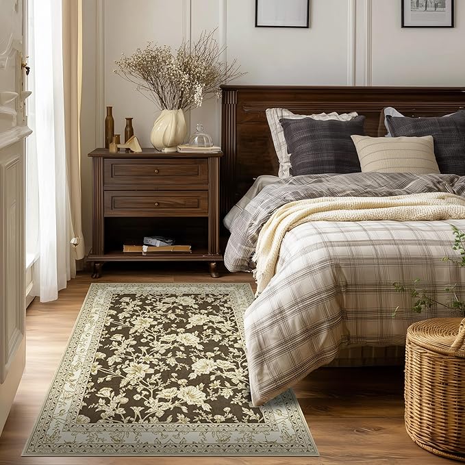 Brown Floral Print Area Rugs for Bedroom Living Room Boho Farmhouse Country Rustic Dining Room Carpet Soft Washable Rugs Non Slip Floor Covering for Nursery Playroom 4x6