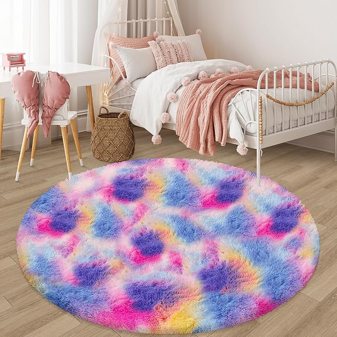 Fluffy 6 ft Large Round Rug for Girls Bedroom,Soft Shaggy Pink Rainbow Rugs Plush Fuzzy Circle Area Rug for Living Room Kids Playroom Room Baby Toddler Nursery Colorful Home Decor Aesthetic