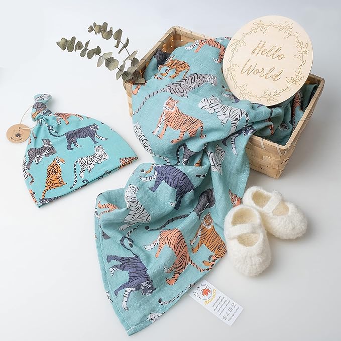 Miaoberry 100% Organic Cotton Baby Muslin Swaddle Blanket Set|Tiger in Teal| Gender Neutral for Boys Girls| Hospital Home Coming Receiving Blanket |Newborn Unisex