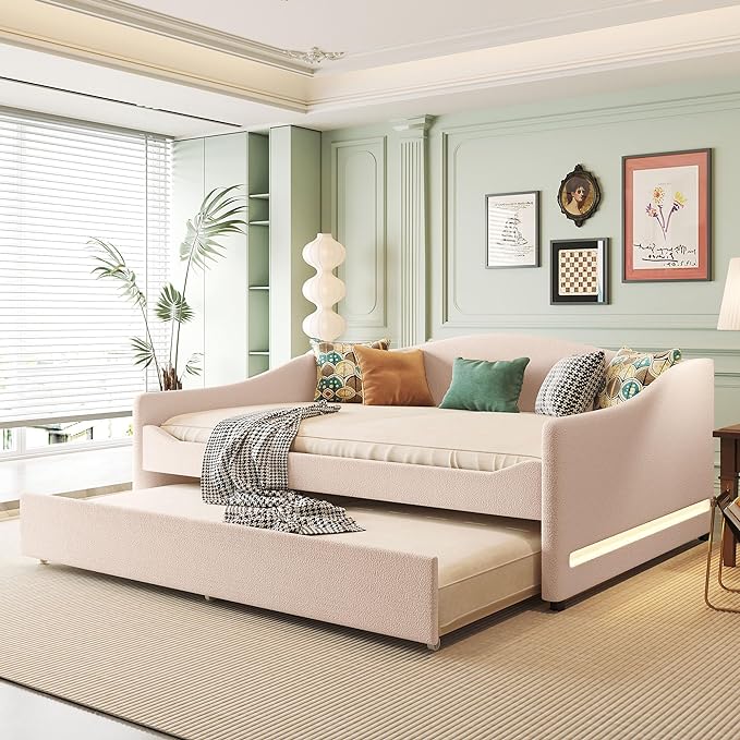 Merax Full Size Upholstered Daybed with Light and Trundle, Beige Teddy Fleece Sofa Bed Modern Wooden Platform Bed Frame for Bedroom, Living Room, Guest Room, Apartment