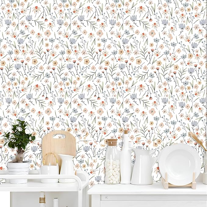 Boho Floral Wallpaper Wildflower Wall Paper Small Flower Wall Stickers Decor Botanical Floral Leaf Decals Peel and Stick Cute Flower Wallpaper for Kid Baby Room Girl Bedroom Decor