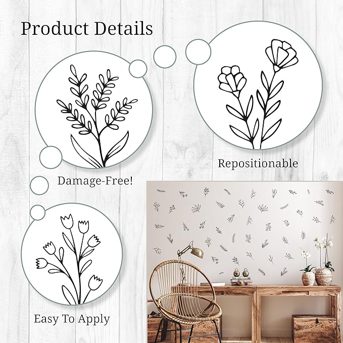 Small Black Flowers Peel and Stick Wall Decals - Set of 88 Flower Wall Stickers - 1"-4" Flower Wall Decor Floral Wall Decals