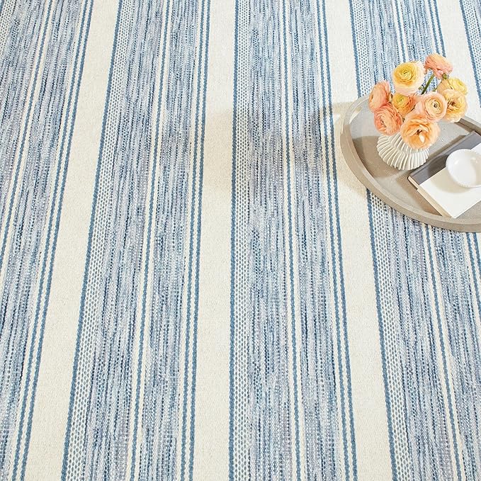 Dash & Albert Ellington Stripe Blue Machine Washable Rug, Runner-2.5 X 8 Feet, Blue Stripe Pattern