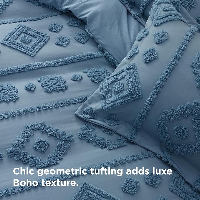 Bedsure Boho Duvet Cover King - Dusty Blue Tufted Boho Bedding, Farmhouse Shabby Chic Embroidery Bedding for All Seasons, 3 Pieces, 1 Soft Jacquard King Comforter Cover and 2 Pillow Shams