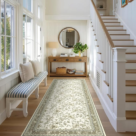 Beige Tan Neutral Boho Washable 3x8 Extra Long Hallway Runner Rug, Extra Large Kitchen Floor Rug Indoor Entryway Non-Slip Low Pile Machine Washable, Farmhouse Light Taupe Pattern Floral Design