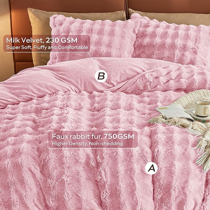 JELLYMONI Plush Duvet Cover Set - Queen Size Pink Faux Fur Comforter Cover 3pcs Bedding Set Luxury Ultra Soft Striped Fluffy Duvet Cover with Zipper and 2 Pillowcases (NO Comforter)