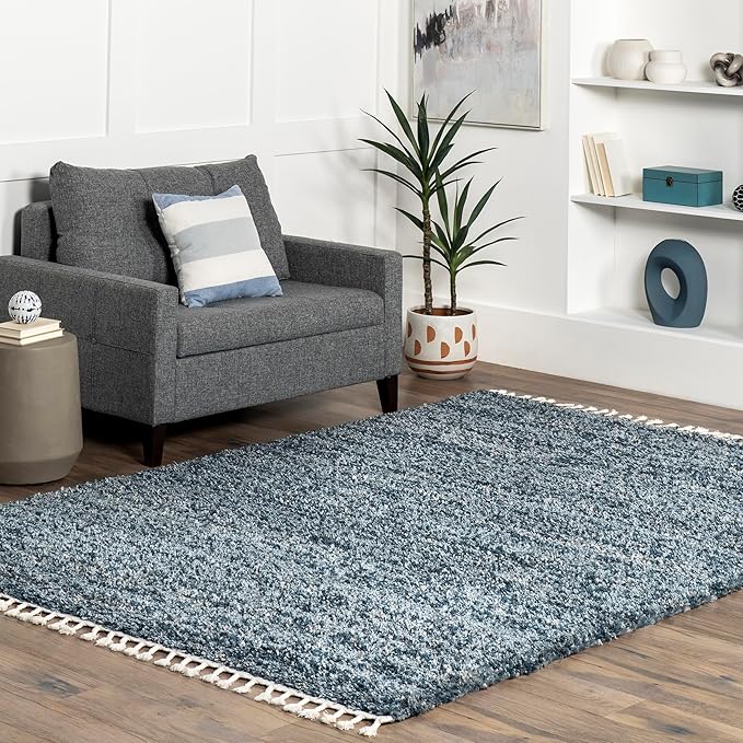 nuLOOM Brooke Shag Tasseled Area Rug - 10x14 Shag Area Rug Casual Blue/Ivory Rugs for Living Room Bedroom Dining Room Nursery