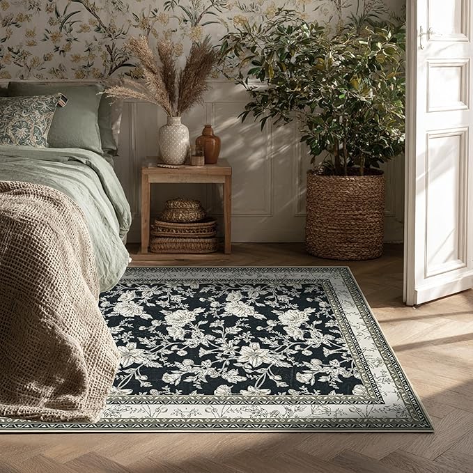 3x5 Black Floral Area Rug for Entryway Soft Washable Modern Boho Farmhouse Rug Non-Slip Taupe Beige Sketch Style Flower Vintage Aesthetic Carpet for Dorms, Bedroom, Office, Dining Room Door Mat 3x5