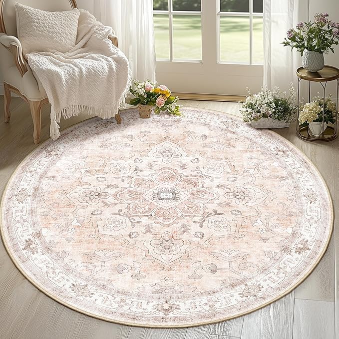 Machine Washable Rugs Nursery Rug 6ft Area Rugs for Living Room Non Slip Low Pile Water Repellent Soft Print Pattern for Bedroom Indoor Decor Rug Pink