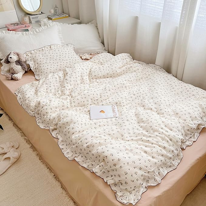AOJIM Muslin Baby Kids Duvet Cover with Ruffled Edges for Boys Girls, 1 Piece Pure Cotton Toddler Comforter Cover 47X59'', Rose Pattern Kids Bedding 2-Layer Gauze, No Quilt or Pillowcases