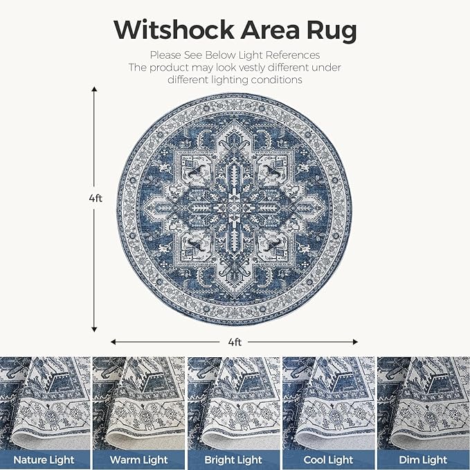 WITSHOCK Area Rug Round Rugs, 4Ft Oriental Circle Area Rugs for Living Room Machine Washable Non Slip Stain Backing Rug Soft Foldable, Vintage Rugs Home Office Kitchen Hallway Bedroom, Blue