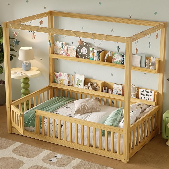 Polibi Twin Size Montessori Floor Bed with Guardrails, Low Profile Solid Wood Canopy Frame with Built-in Shelves, No Box Spring Needed, for Kids, Natural