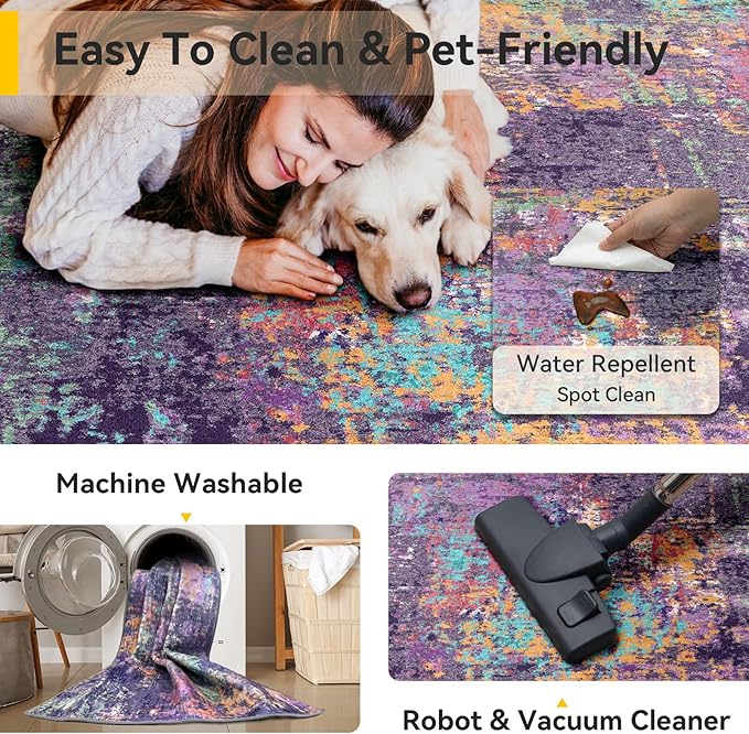 Washable Area Rugs 7'x9' Non-Slip Modern Abstract Soft for Living Room Entryway Bedroom Nursery, Print Pattern, Purple Orange Blue Green Rust Red Colorful