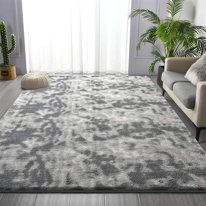 Large Area Rugs for Living Room, 7 x 10 Ft Non-Slip Soft Tie-Dyed Thickened Memory Foam Rug for Bedroom, Comfy Indoor Floor Carpets for Boys Girls Dorm Room Nursery Home Decor, Light Grey