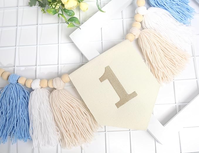 HGFC Embroidery Tassel High Chair Banner - Wood Bead 1st Birthday Banner,Sky Theme Party Decoration,Birthday Baby Boys Tassel Garland,Cake Smash Backdrop