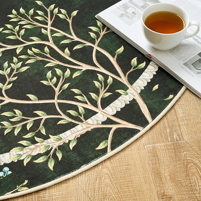 jinchan Yarden Christmas Round Rugs 5ft Moss Green Botanical Birds Print,Machine Washable 5' Circle Nature Plants Modern Soft Non-Slip Throw Area Rugs, Low Pile Carpet for Entryway Bedroom Kids Room