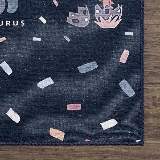 Hauteloom Milne Kids Room, Nursery Machine Washable Area Rug - Dinosaur - Navy, Blue Multi - 5'3" x 7'3"