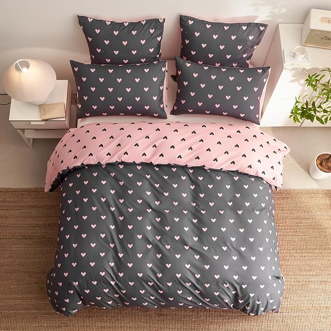 Heart Duvet Cover Twin Size Pink Grey Love Pattern Bedding Set Cute Heart-Shaped Breathable Soft Reversible Comforter Cover (No Comforter)