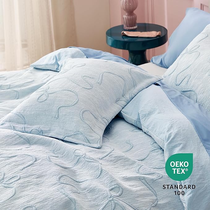 Bedsure Blue Duvet Cover Queen Size with Bowknot Jacquard Design, Soft and Elegant Boho Bedding Set, Luxurious Craftsmanship for a Stylish Bedroom,Includes 1 90"x90" Duvet Cover & 2 Pillow Shams