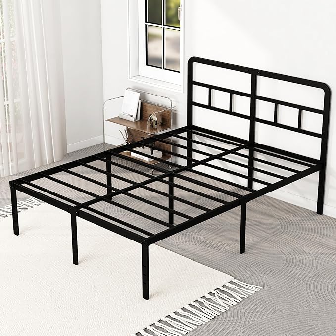 18 Inch Queen Bed Frame with Headboard No Box Spring Needed, Heavy Duty Metal Queen Size Platform with Steel Slat, Mattress Foundation, Easy Assembly, Noise Free, Black