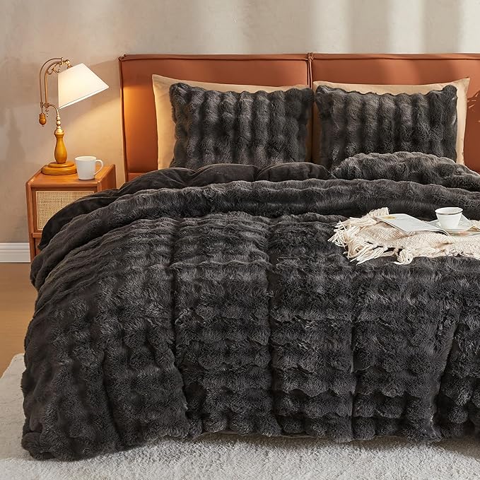 JELLYMONI Plush Duvet Cover Set - Twin Size Dark Gray Faux Fur Comforter Cover 2pcs Bedding Set Luxury Ultra Soft Striped Fluffy Duvet Cover with Zipper and 1 Pillowcase (NO Comforter)