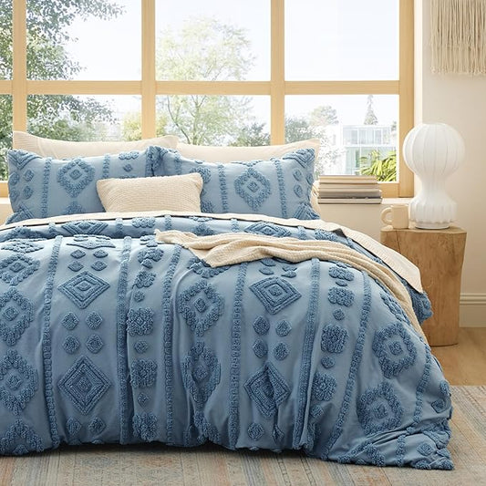 Bedsure Boho Duvet Cover Queen Size - Dusty Blue Tufted Boho Bedding, Farmhouse Shabby Chic Embroidery Bedding for All Seasons, 3 Pieces, 1 Soft Jacquard Queen Comforter Cover and 2 Pillow Shams
