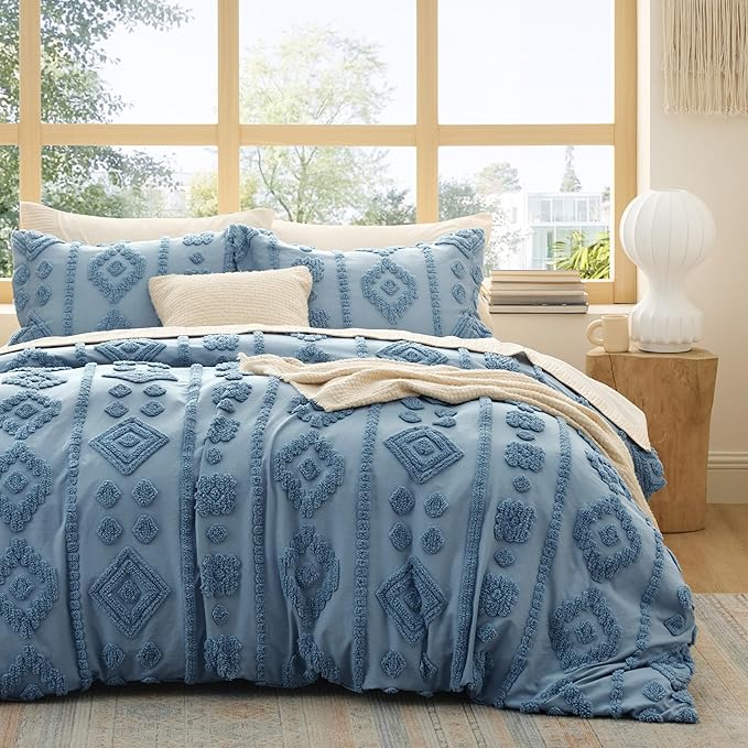 Bedsure Boho Duvet Cover King - Dusty Blue Tufted Boho Bedding, Farmhouse Shabby Chic Embroidery Bedding for All Seasons, 3 Pieces, 1 Soft Jacquard King Comforter Cover and 2 Pillow Shams