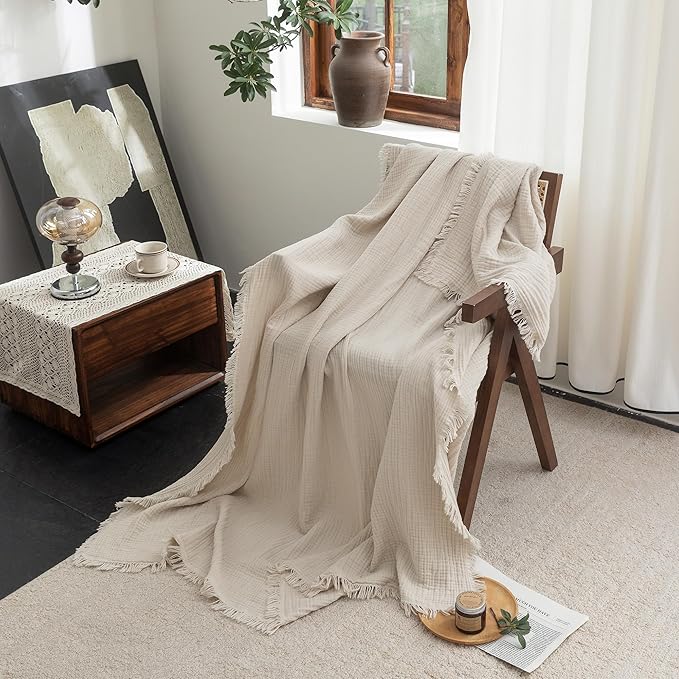 FOSSA Muslin Blanket with Fringe - 4-Layer 100% Cotton Gauze Super Soft & Breathable Throw -Lightweight Decorative Cooling Blanket for Bed, Sofa, Office -Throw XL Size 50" × 70" (Beige)