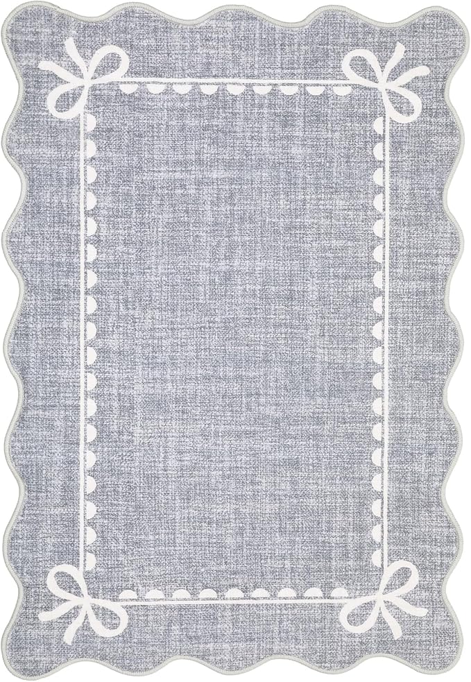 GarveeHome Scalloped Bow Rug for Kitchen Floor, Solid Grey Rug for Dorm, Washable Entryway Rugs 2x3 Soft Low Pile Non Slip Scalloped Rugs for Nursery Bedroom Decor Hallway