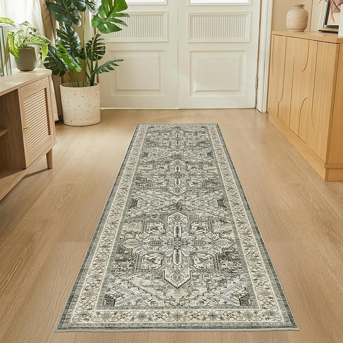 WITSHOCK 2x8 Runner Rug for Hallway, Washable Rug Distressed Boho Soft Low Pile Stain Resistant Foldable Carpet for Kitchen Entryway Indoor Entrance Laundry Farmhouse Home Decor, Brown/Lvory
