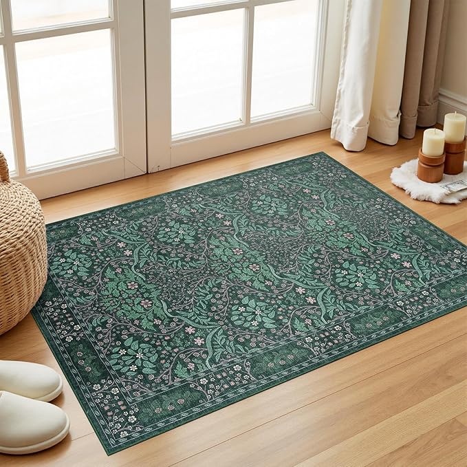 2x3 Washable Entry Rug,Dark Green Front Door Rugs，Non-Slip Vintage Throw Small Carpet for Bedroom Kitchen Classroom Rug Bathroom Children's Room Entrance