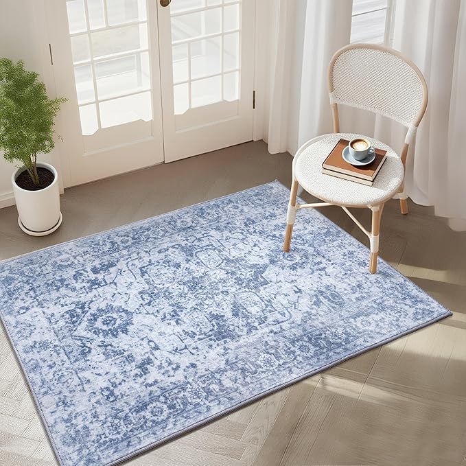 Area Rug 2x3, Washable Rug for Entryway Indoor, Small Area Rug for Living Room Entrance, Vintage Rug for Bedroom Doormat, Non Slip Soft Low Pile Carpet for Kitchen, Hallway, Office, Blue