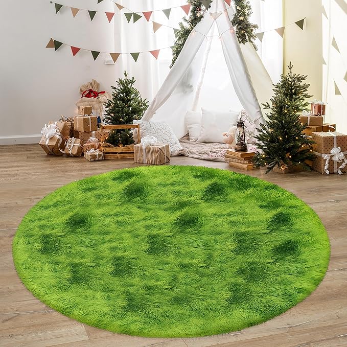 6 ft Large Fluffy Green Grass Area Rugs for Bedroom,Soft Shaggy Round Rugs Plush Fuzzy Circle Area Rug for Living Room Kids Playroom Room Baby Toddler Nursery Home Decor Aesthetic
