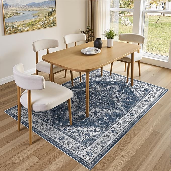 WITSHOCK Living Room Area Rugs 5x7: Washable Rug Boho Soft Non-Slip Low Pile Stain Resistant Foldable Carpet for Bedroom Playroom Dining Room Office Kitchen Farmhouse Home Decor Rug-Blue