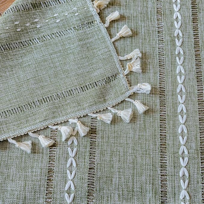 Deeprove Green Boho Linen Curtains 72 inches Length for Bedroom Living Room Dining Nursery Closet, Hollow Sage Semi Sheer Curtains Darkening Embroidery Drape Window Treatment, 1 Panel W52 x L72