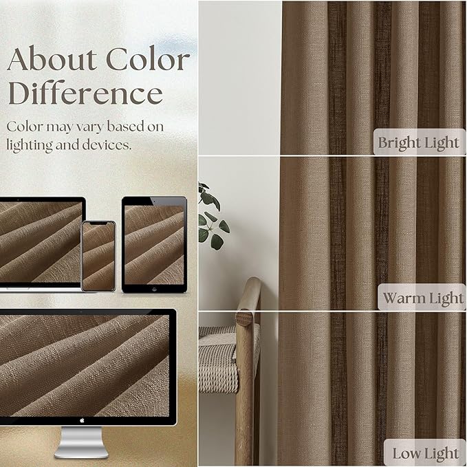 Brown Pinch Pleated Linen Curtains 84 Inches Long 2 Panels Set for Living Room Dining Pinch Pleat Back Tab Light Filtering Boho Farmhouse Bedroom Window Curtain Drapes 84 Inch Length Dutch Cocoa