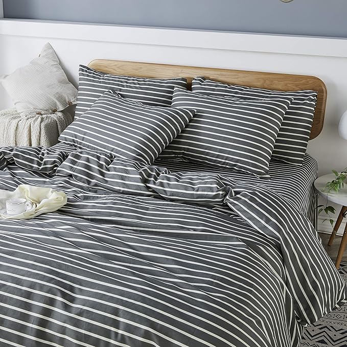 JELLYMONI 100% Natural Cotton 3pcs Striped Duvet Cover Sets, Dark Grey with White Stripes Pattern Printed Comforter Cover, with Zipper Closure & Corner Ties(Queen Size)