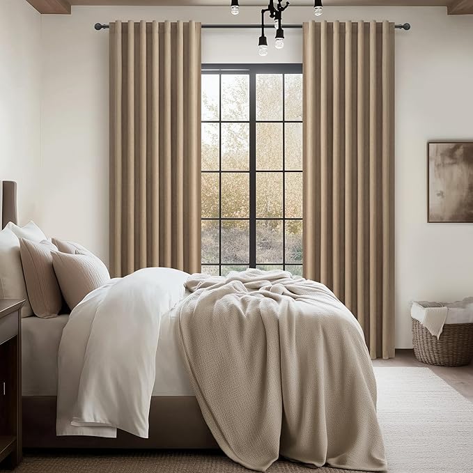 100% Blackout Curtains 86 Inch Length 2 Panels Set Farmhouse Style for Bedroom Windows/Living Room Thermal Insulated Neutral Boho Drapes Linen Blend Chocolate RustBrown Long Hook Belt Pleated