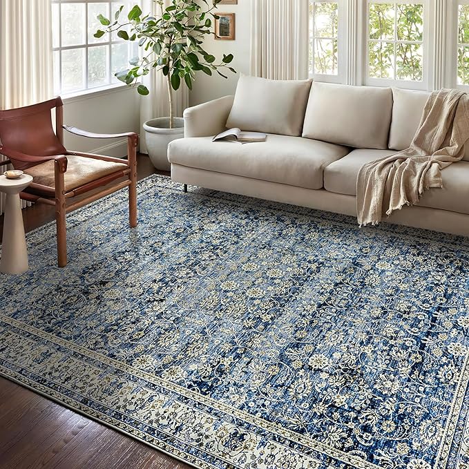 Blue Area Rugs Washable Rug for Living Room Bedroom, Faux Wool Soft No Slip Floral Boho Vintage Extra Large Carpet for Dining Room 9x12