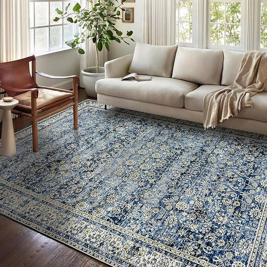 Blue Area Rug for Living Room 8x10 Washable Vintage Farmhouse Big Large Boho Distressed Carpet Rugs for Bedroom,Light Blue and Cream Polyester Rayon Cotton Blend