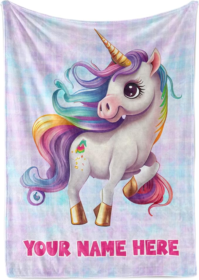Personalized Baby Unicorn Throw Blanket for Girls with Custom Name, Prancing Pony with Rainbow Mane and Tail, Cute Nursery Room Decor, Soft Plush Toddler Bedding for Babies, (Fleece 30x40)