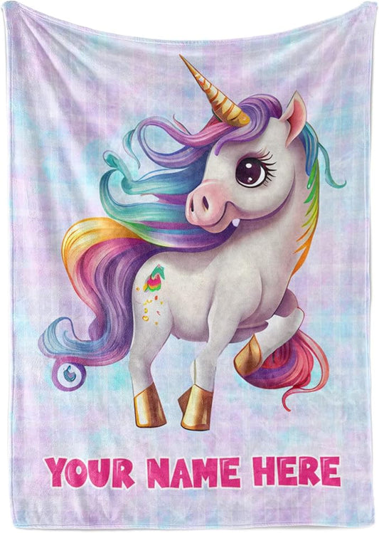 Personalized Baby Unicorn Throw Blanket for Girls with Custom Name, Prancing Pony with Rainbow Mane and Tail, Cute Nursery Room Decor, Soft Plush Toddler Bedding for Babies, (Fleece 50x60)