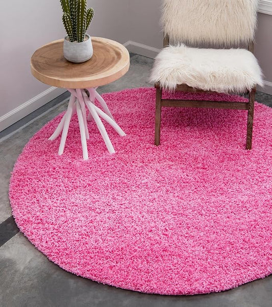 Unique Loom Solid Shag Collection Area Rug (7' 1" Round, Taffy Pink)