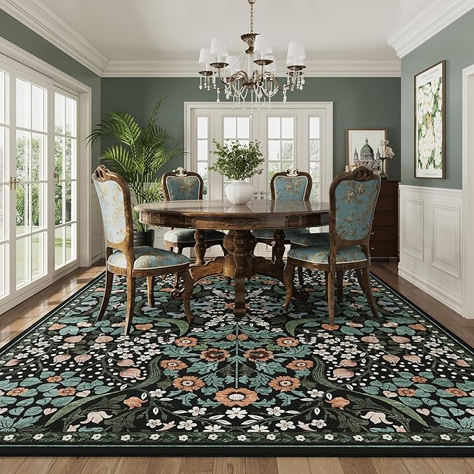 6x9 Green Floral Washable Area Rug for Living Room, Non-Slip Soft Vintage Boho Carpet, Botanical Forest Green Low Pile Rugs for Bedroom, Dinning Room, Dorm, Nursery, Black and Green