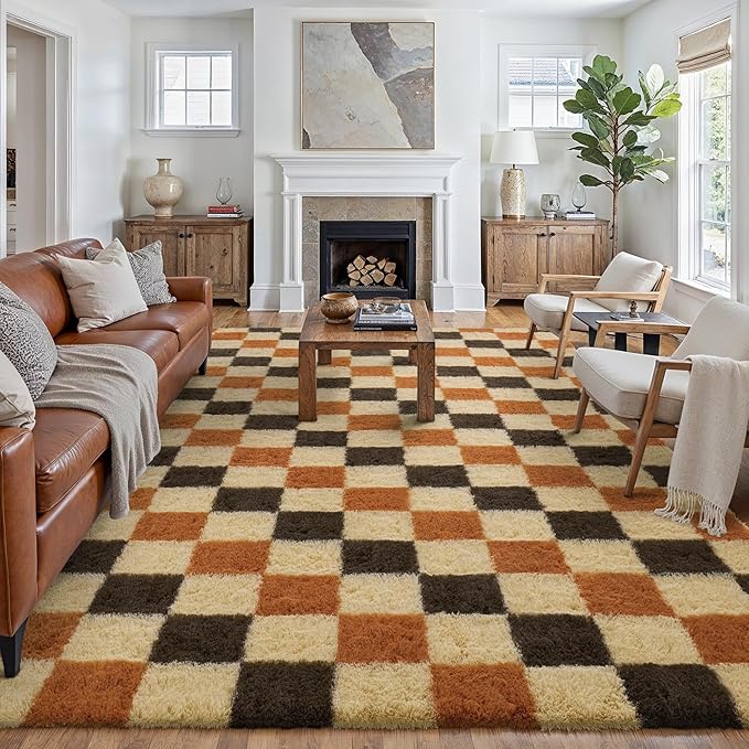 Checkered Rug 8x10 for Living Room, Colorful Modern Shag Rug Washable Non-Slip Large Area Rug Super Soft Indoor Fuzzy Carpet Fluffy Rugs for Bedroom Home Aesthetic Decor