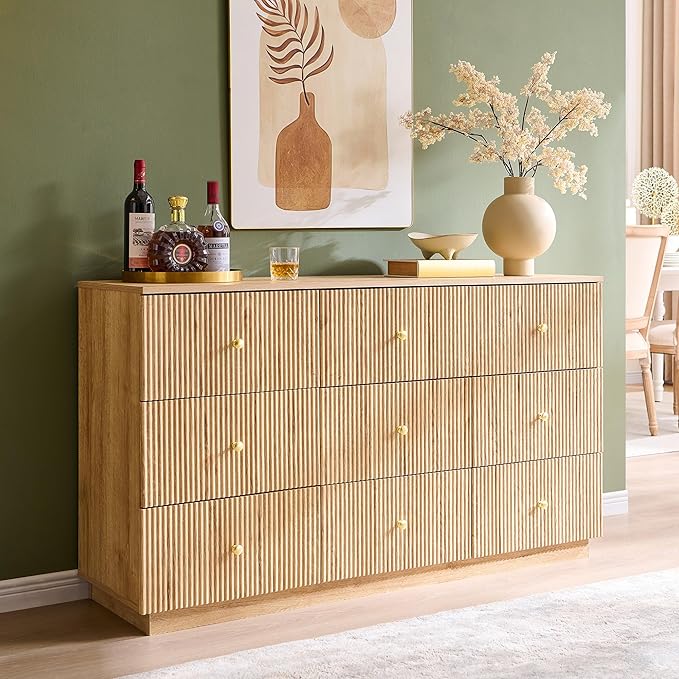 Fluted Dresser for Bedroom, 55" W 9 Drawer Dressers, Wood Tall Dresser Storage Organizer, Modern Bedroom Chest of Drawers with Deep Storage for Closet Hallway, Entryway, Living Room Natural