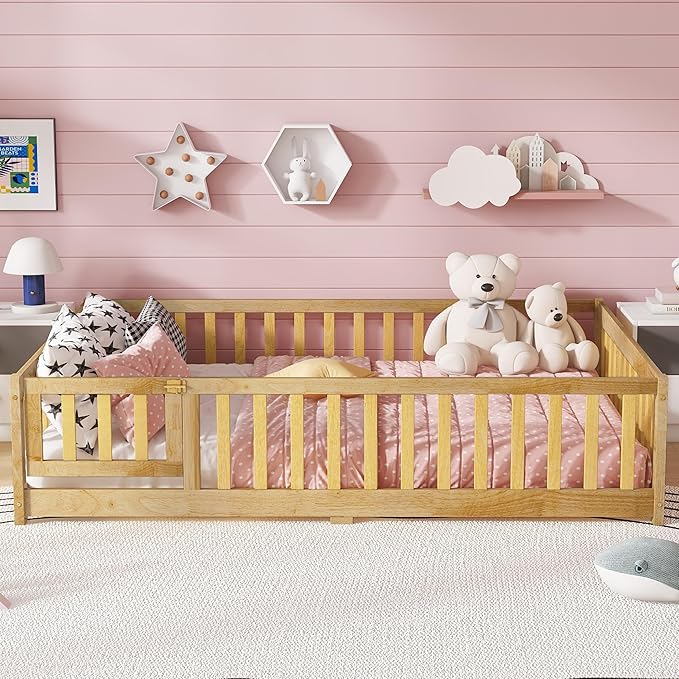 Bellemave Full Size Floor Bed Frame with Fence and Door for Kids, Montessori Floor Bed with Slats and Safety Guardrails,Solid Wood Full Bed Frame for Girls Boys,Natural