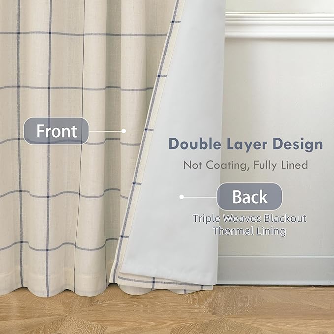 DriftAway 2 Panels 100% Blackout Windowpane Plaid Linen Curtains Double Layer Drapes for Bedroom 84 Inches Long Farmhouse Thermal Insulated 3.25 Inch Rod Pocket Back Tab for Living Room Navy Blue